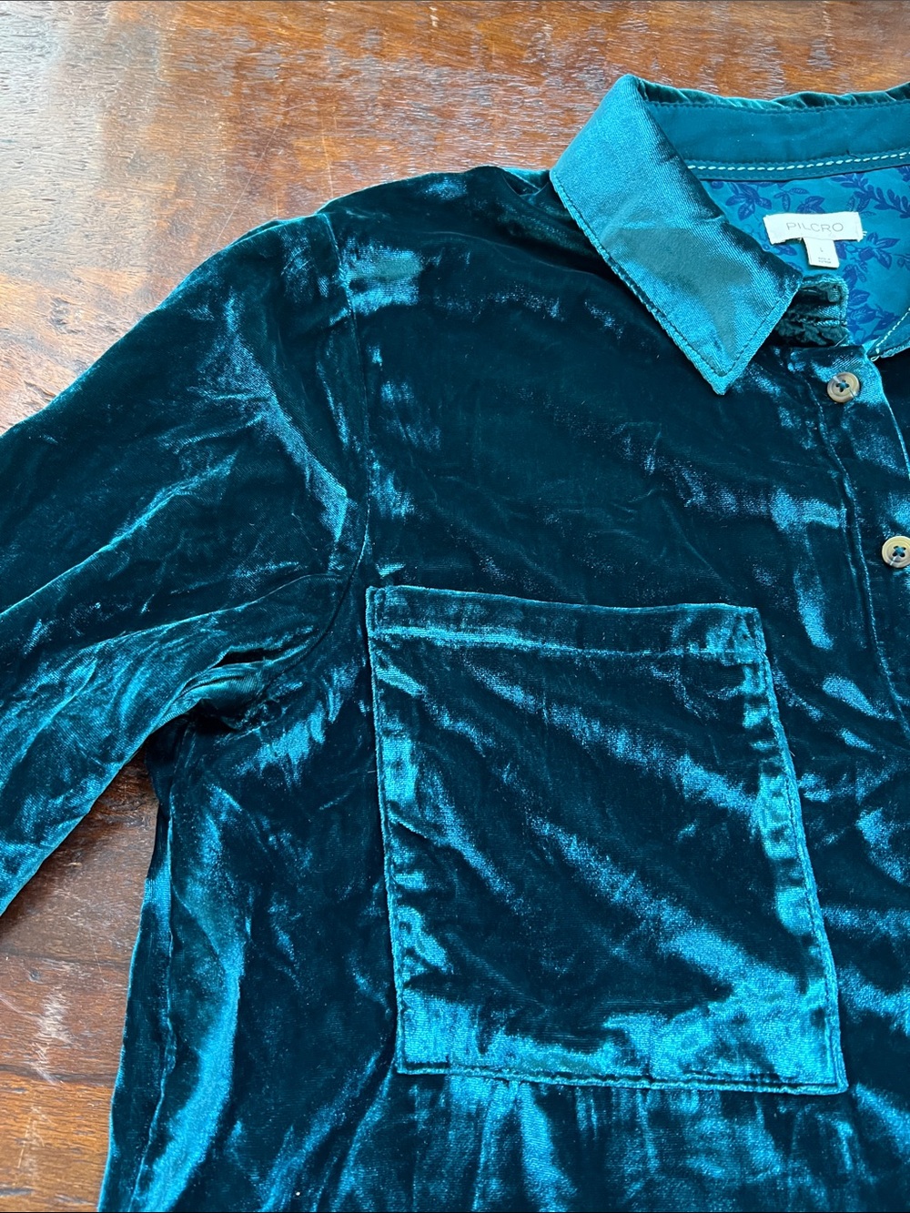 PILCRO Anthropologie Relaxed Velvet Button-Down LS Shirt Emerald Green Women L - Picture 10 of 14